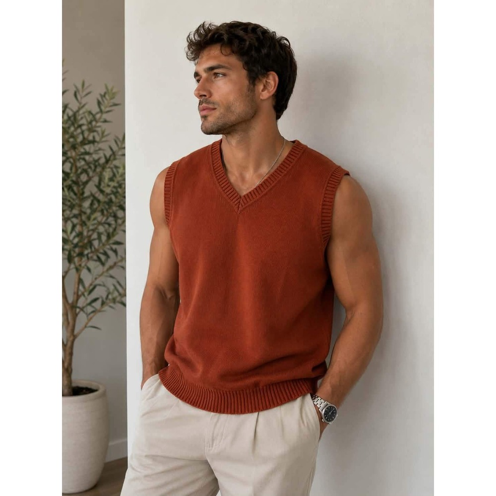 Ivy Crew Men's Large 100% Cotton Sweater Vest Rust Burnt Orange V-Neck Preppy